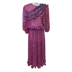 Vintage 80s Diane Freis Floral Maxi Dress Ruffle Boho Whimsigoth Cottagecore